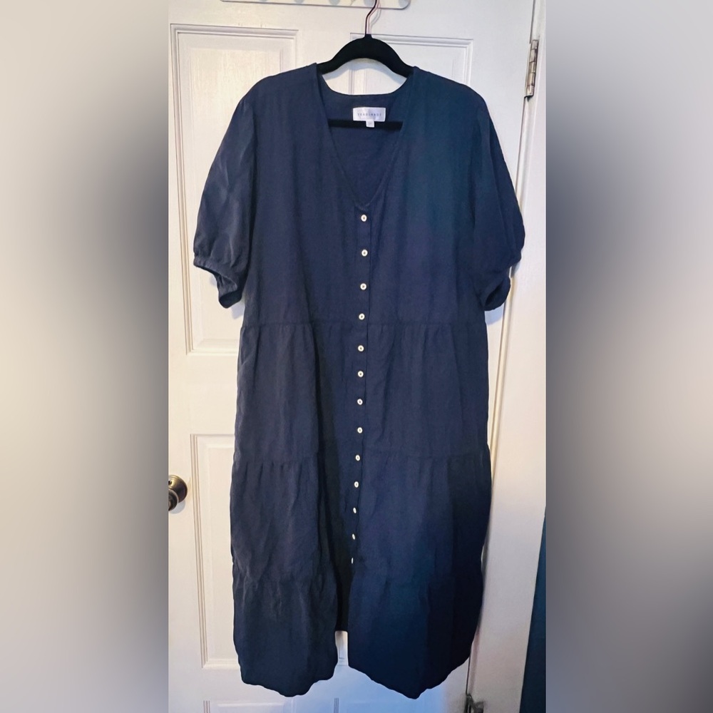 Tradlands Kindred Midi Crinkle Cotton Dress Navy Blue 2X